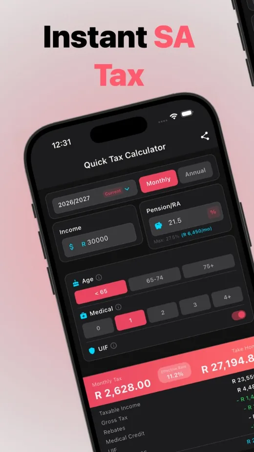 Instant SA Tax · quick calculator with 2026/2027 year selector, income and pension inputs, and monthly tax summary.
