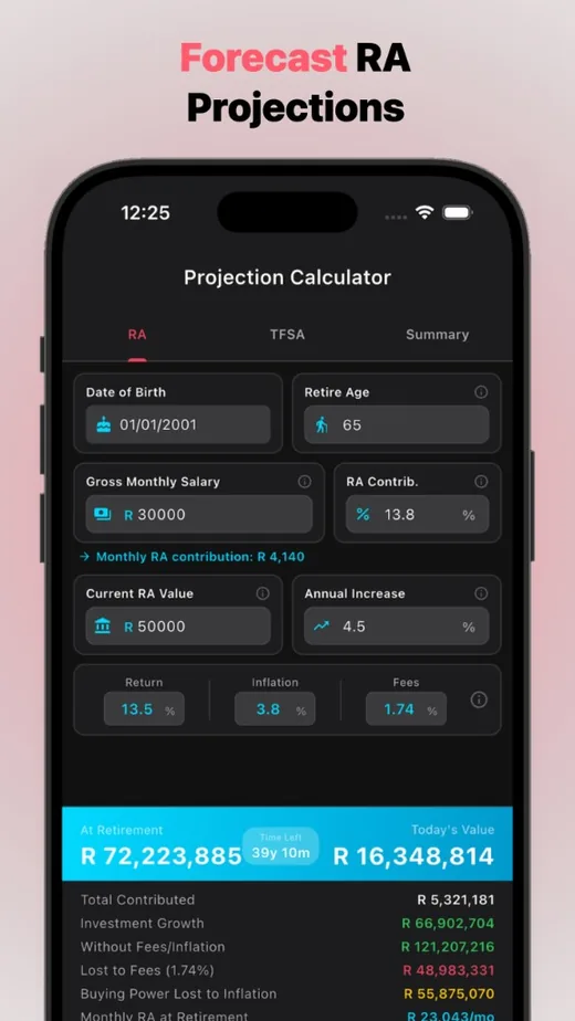 RA projection calculator · inputs for salary, RA contribution, growth assumptions, and retirement pot projections.