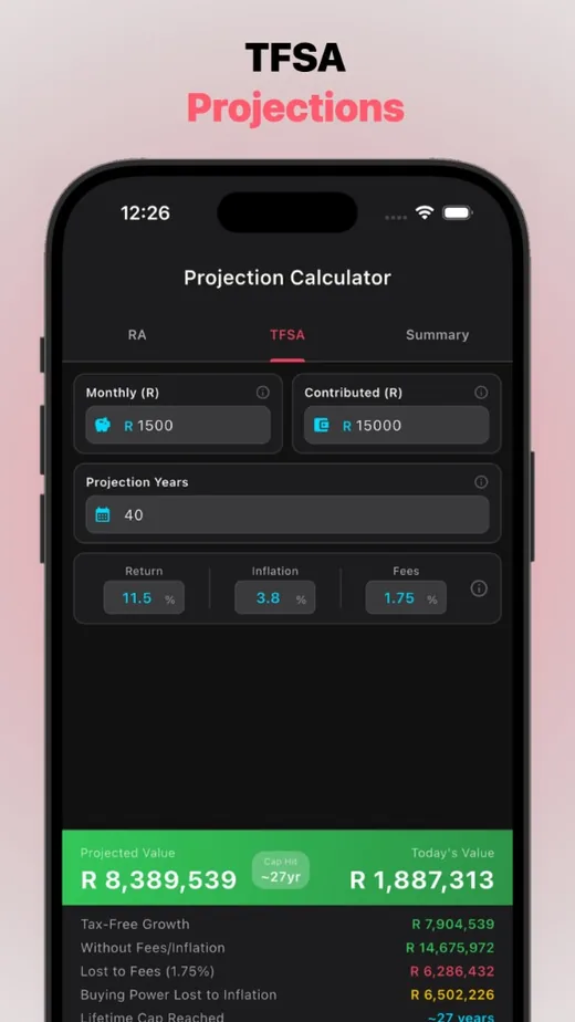 TFSA projection calculator · contributions, years, return and fees, with projected value and breakdown.