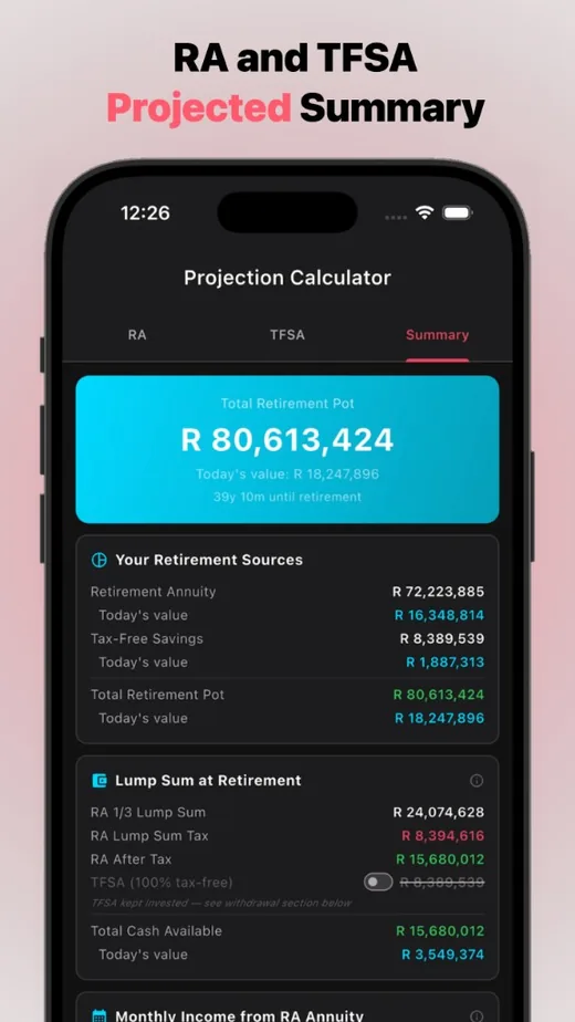 Combined RA and TFSA summary · total retirement pot, sources, lump sum, and annuity context.