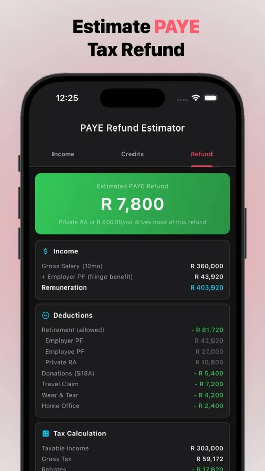 PAYE Refund Estimator · Refund tab with estimated refund, income, deductions, and tax calculation.